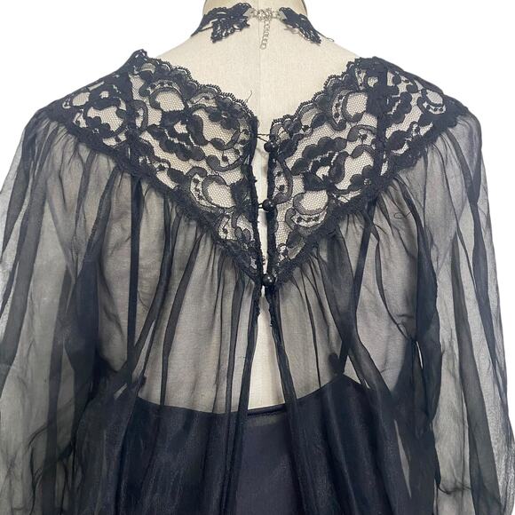 Gorgeous Vintage 1980s Chiffon Night Gown Slip & Robe Set Sheer Lace Gothic - Picture 14 of 16